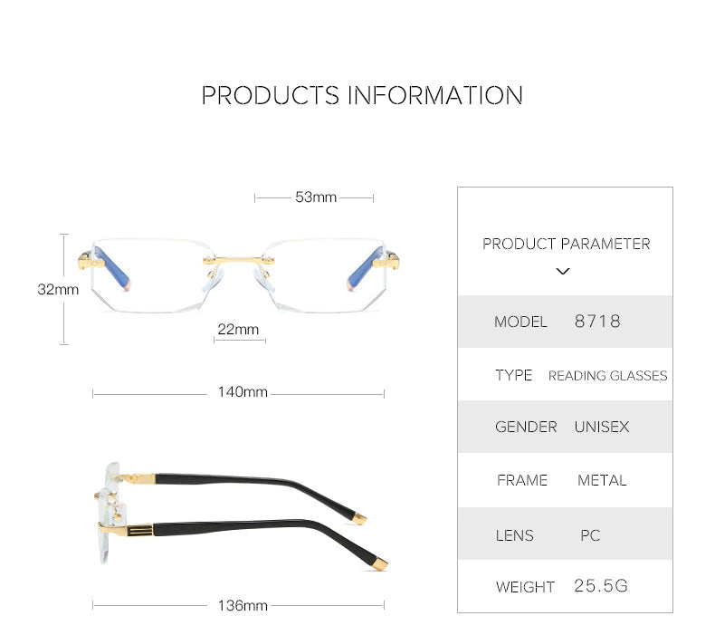 Original Diamond Cut Rimless Anti Blue Light Presbyopic Prescription Glasses